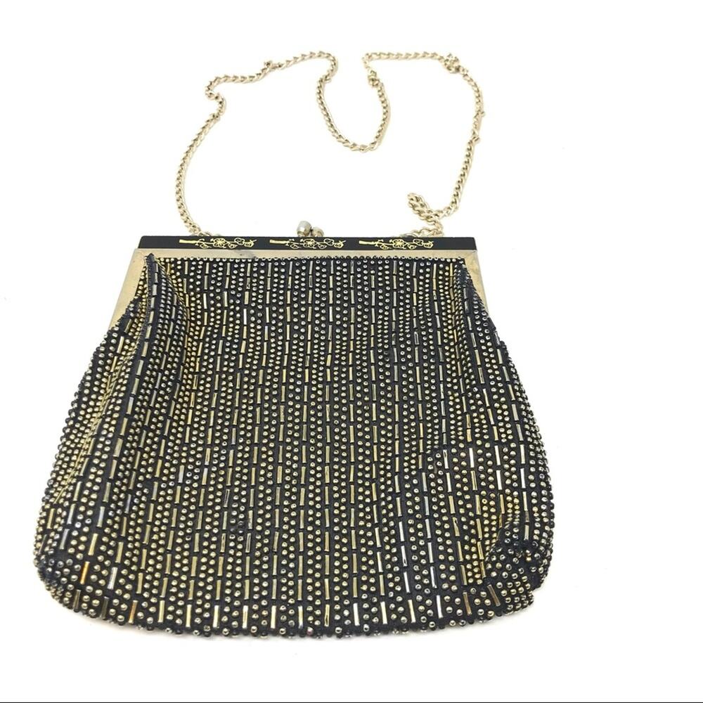 Vintage Gold and Black Beaded Evening Shoulder Handbag Metal Frame